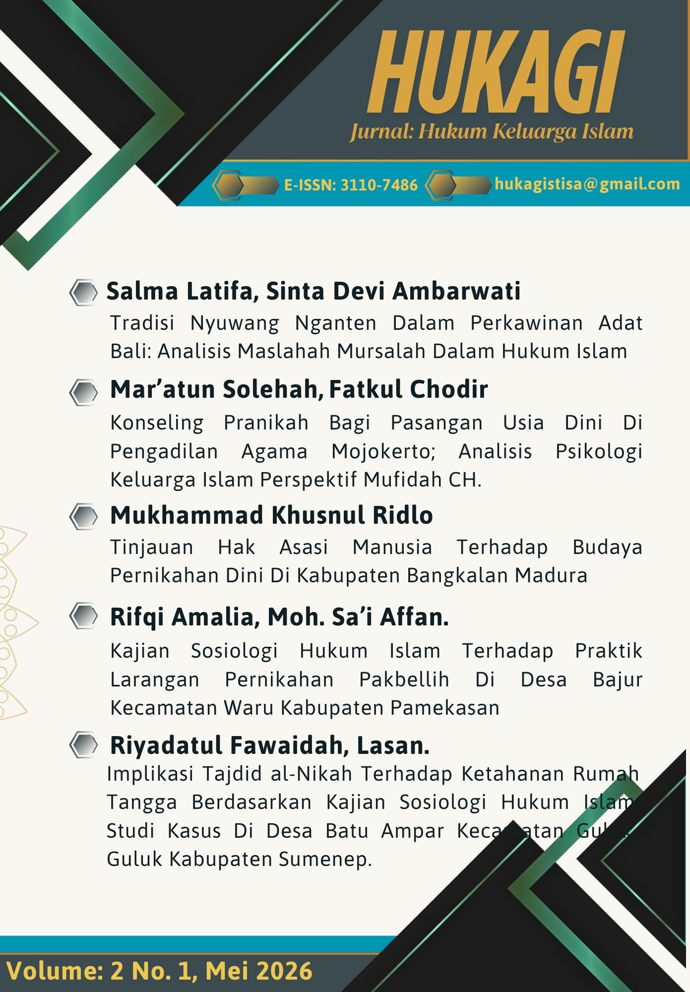 					View Vol. 2 No. 1 (2026): HUKAGI: Jurnal Hukum Keluarga Islam
				